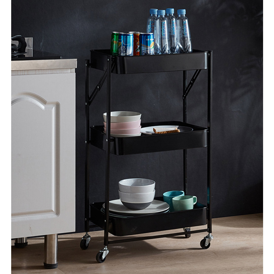 SOGA 3 Tier Steel Black Foldable Kitchen Cart Multi-Functional Shelves Portable Storage Organizer with Wheels • LUZ-KitchenXY011