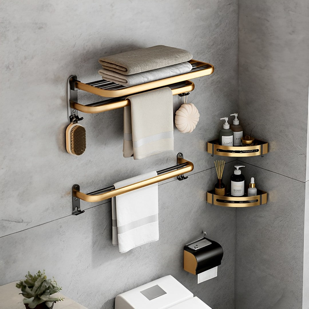 SOGA 2X 62cm Wall-Mounted Double Pole Towel Holder Bathroom Organiser Rail Hanger with Hooks • LUZ-TAN1012X2