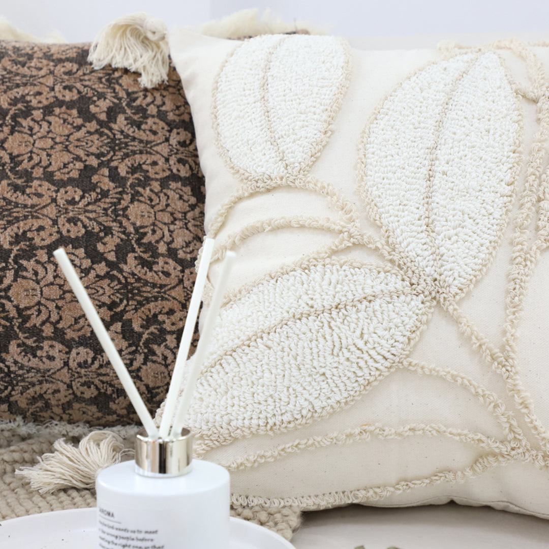 SOGA 2X 45cm Wabi-sabi Cream Flower Cover & Beige Velvet Leaf Ring Square Throw Pillow • LUZ-FrenchCushion232X2