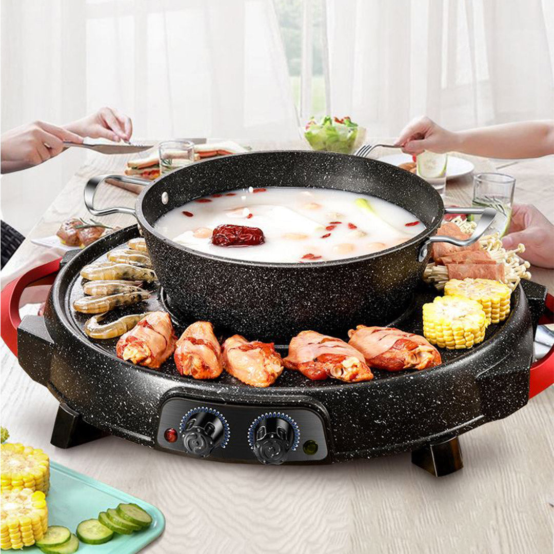 SOGA 2X 2  in 1 Electric Stone Coated Teppanyaki Grill Plate Steamboat Hotpot • LUZ-SteamboatR2RoundX2