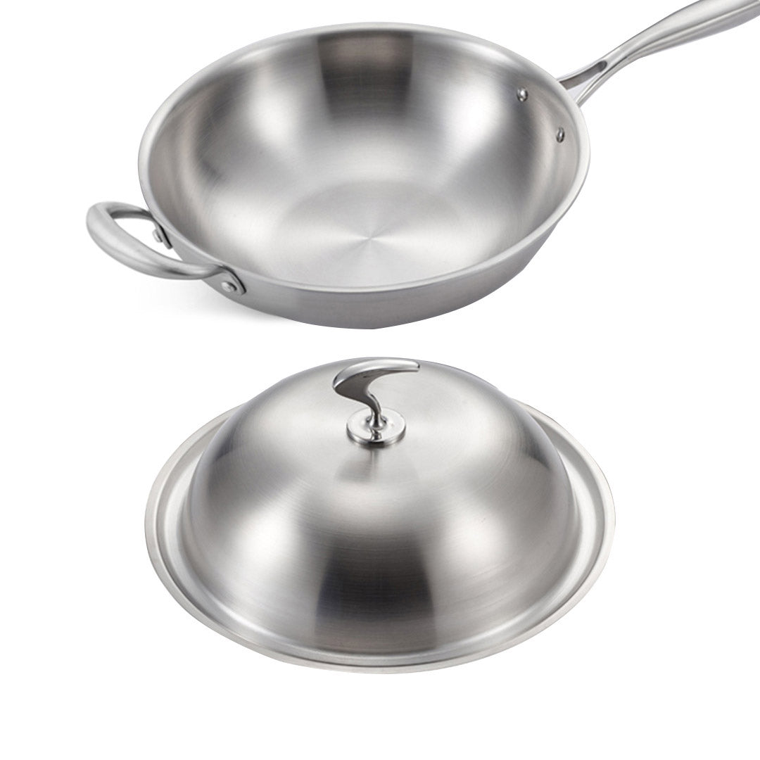 SOGA 2X 18/10 Stainless Steel Fry Pan 34cm Frying Pan Top Grade Skillet with Helper Handle and Lid • LUZ-TRIFPO34X2