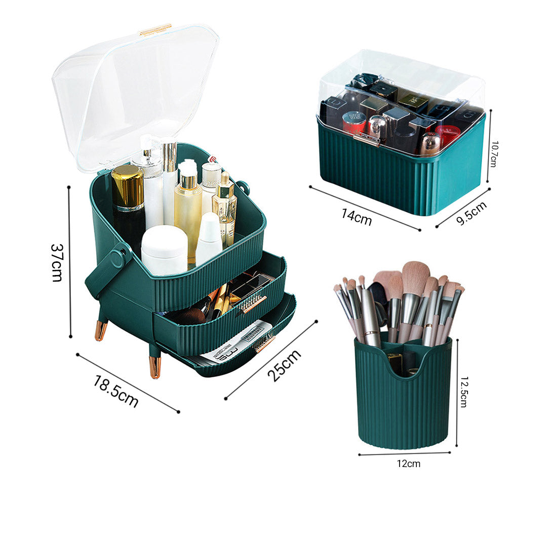 SOGA Green Cosmetic Jewelry Storage Organiser Set Makeup Brush Lipstick Skincare Holder Jewelry Storage Box with Handle • LUZ-BathC112