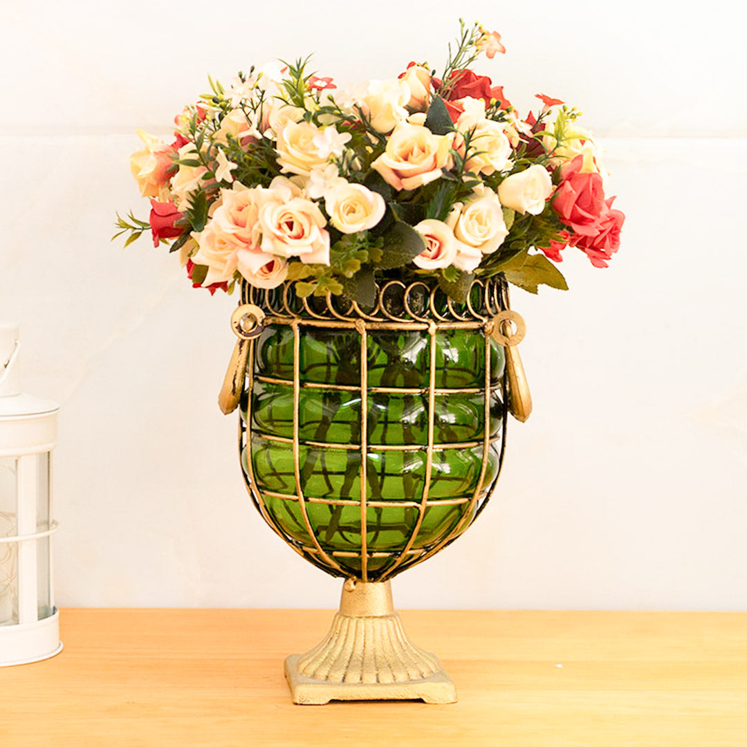SOGA Green Colored European Glass Jar Flower Vase Solid Base with Metal Handle • LUZ-HO-VaseYG8045G