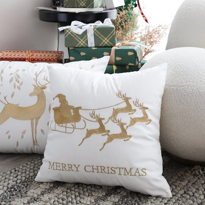 SOGA 45cm Throw Pillow White with Golden Christmas Sleigh Design Festive Holiday Square Cushion Decor LUZ-FrenchCushion269