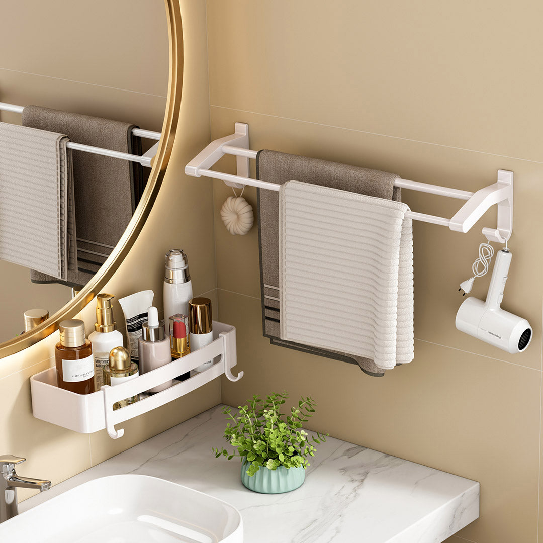 SOGA 2X 52cm White Wall-Mounted Double Pole Towel Holder Bathroom Organiser Rail Hanger with Hooks • LUZ-TAN1047X2
