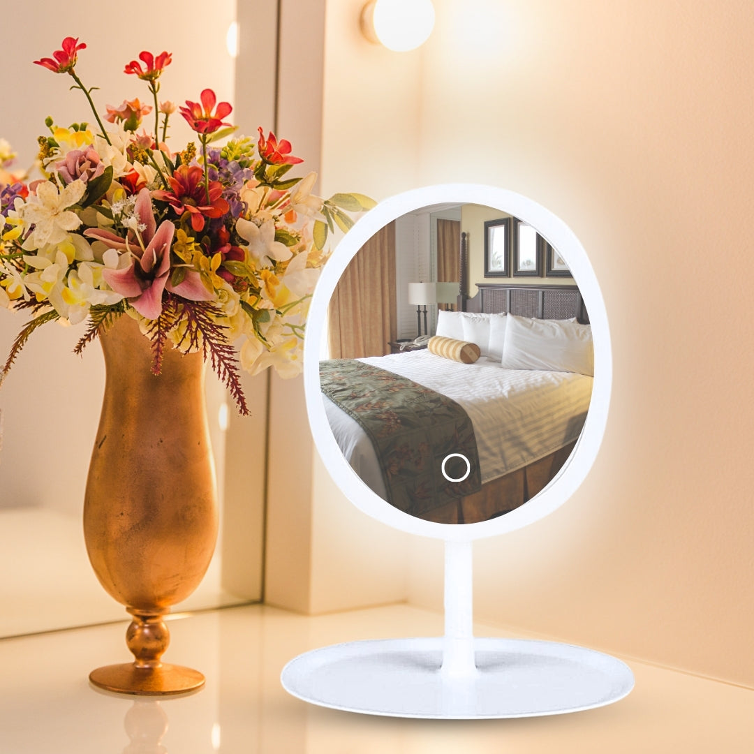 SOGA 2X 26cm White Oval Smart LED Makeup Bedroom Table Vanity Mirror Tricolor Adjustable Light LUZ-MirrorE10X2