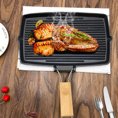 SOGA 20.5cm Rectangular Cast Iron Griddle Grill Frying Pan with Folding Wooden Handle • LUZ-ZPai061