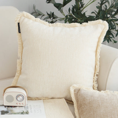 SOGA 2X 45cm Throw Pillow White Chenille Textured with Tassels Stylish Square Cozy Home Decor • LUZ-FrenchCushion277X2