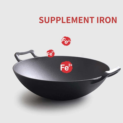 SOGA 2X 36CM Commercial Cast Iron Wok FryPan with Wooden Lid Fry Pan • LUZ-ZPaiB1X2