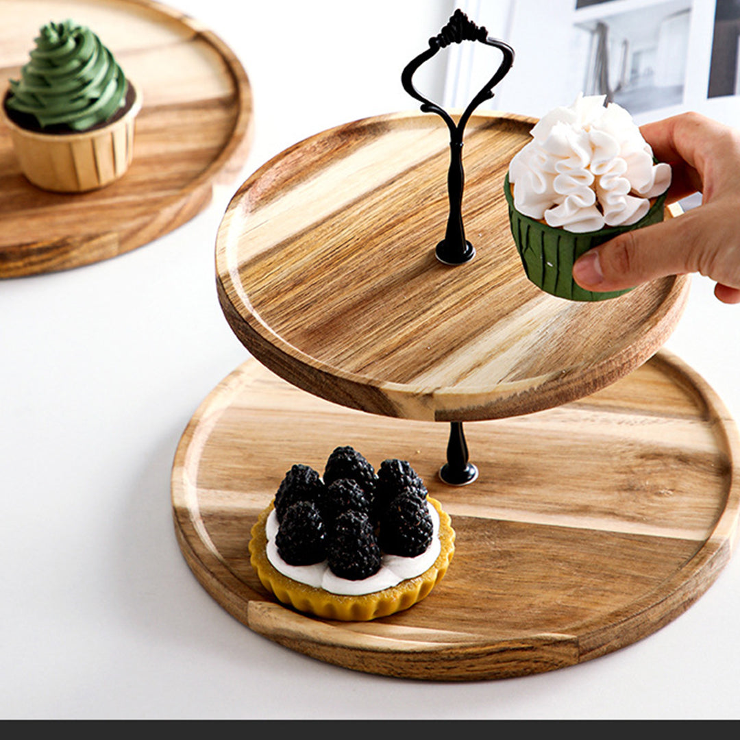 SOGA 2X 15cm 2 Tier  Brown Round Wooden Acacia Dessert Tray Cake Snacks Cupcake Stand Buffet Serving Countertop Decor • LUZ-WodC237X2
