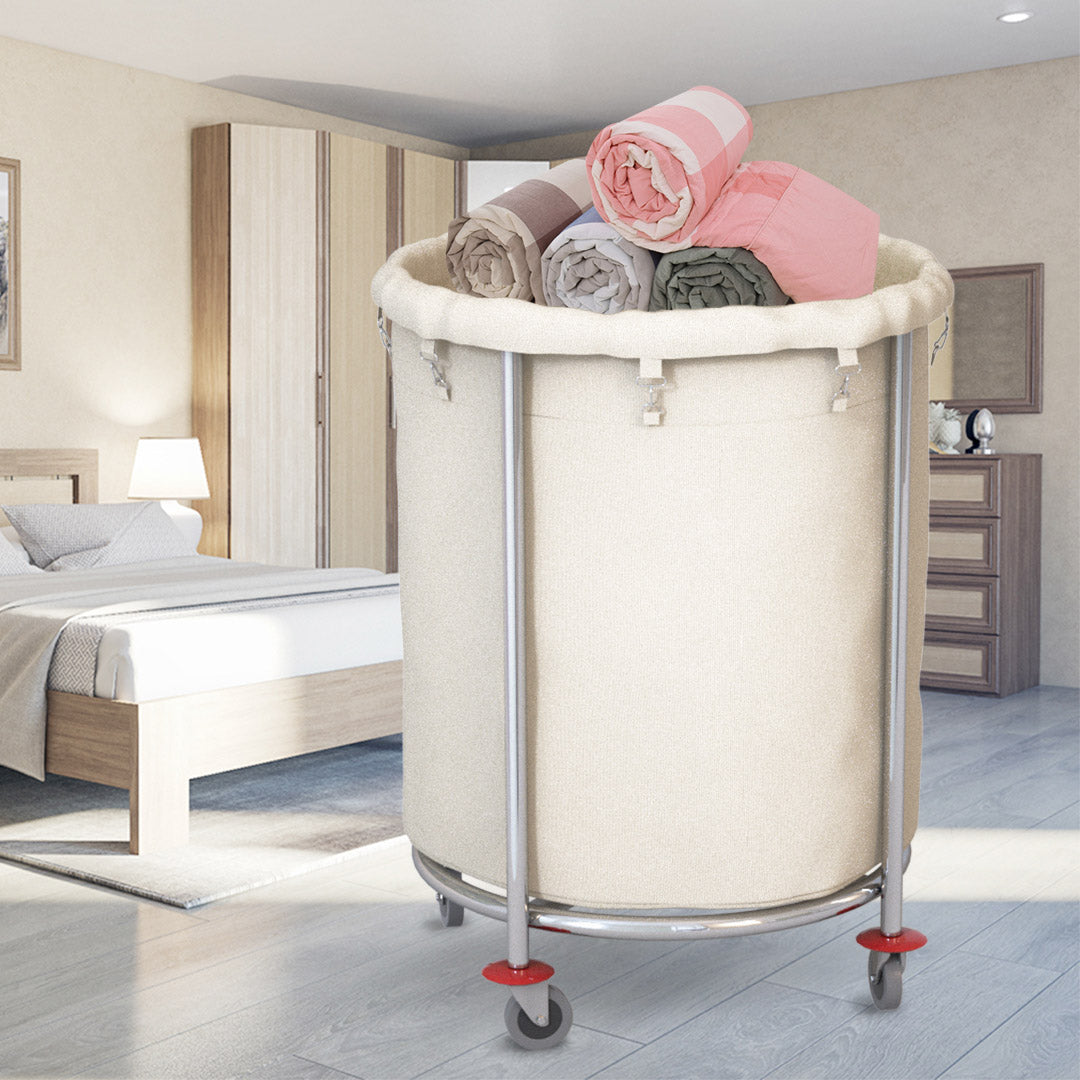 SOGA Stainless Steel Commercial Round Soiled Linen Laundry Trolley Cart with Wheels White • LUZ-Soga033C