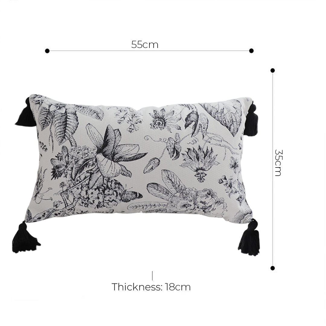 SOGA 35cm Throw Pillow  Black and White Floral Print Elegant with Tassel Accents Home Decor • LUZ-FrenchCushion342