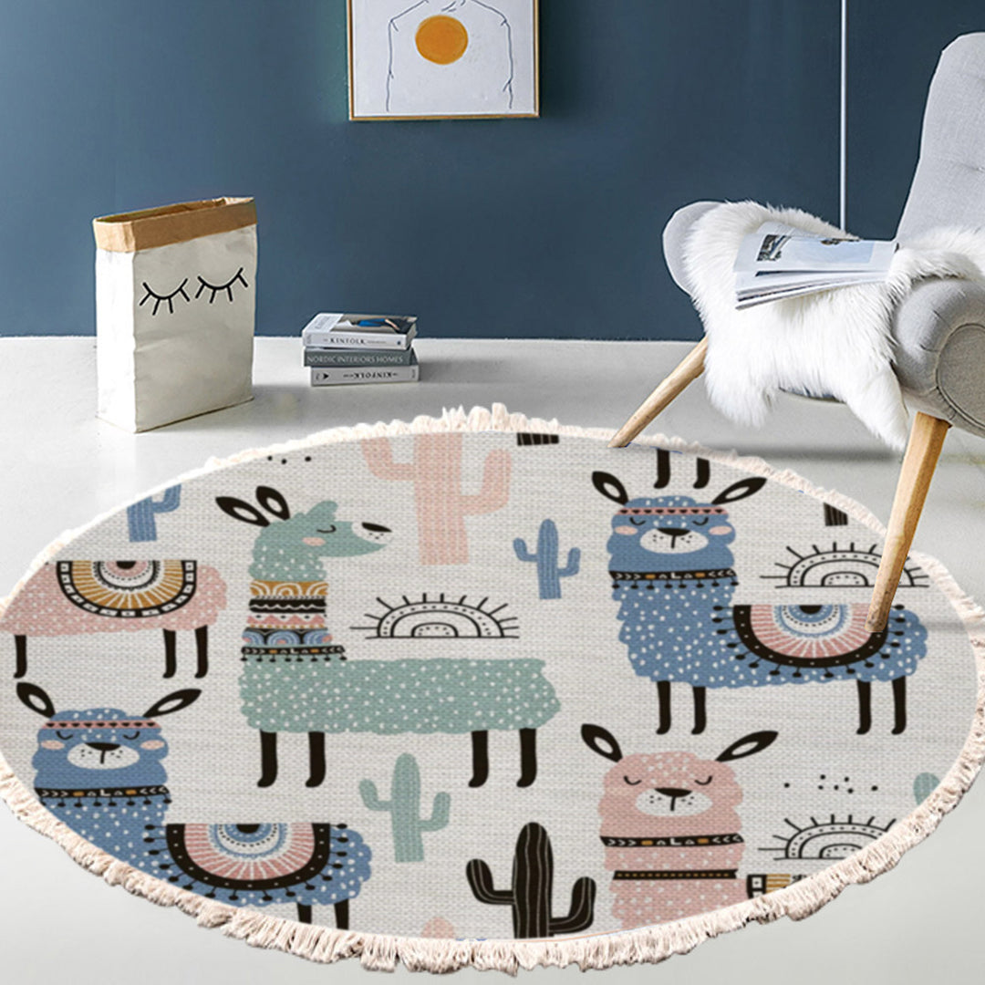 SOGA 120cm Alpaca Cactus Pattern Rug Desert Animals Non-Slip Round Area Rugs for Living Room Dining Room • LUZ-CarpetA61