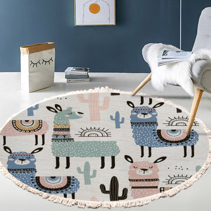 SOGA 120cm Alpaca Cactus Pattern Rug Desert Animals Non-Slip Round Area Rugs for Living Room Dining Room • LUZ-CarpetA61