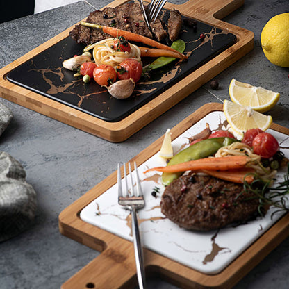 SOGA 2X 33.5cm White Square Wooden Serving Tray Slate Steak Serving Platter Chopping Board Paddle Home Decor • LUZ-WodE596X2