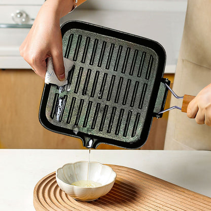 SOGA 24cm Ribbed Cast Iron Square Steak Frying Grill Skillet Pan with Folding Wooden Handle • LUZ-ZPai010