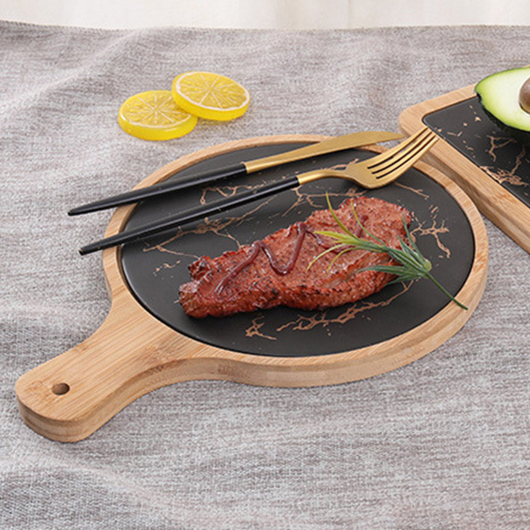 SOGA 30cm Black Circle Wooden Serving Tray Slate Steak Serving Platter Chopping Board Paddle Home Decor • LUZ-WodE593