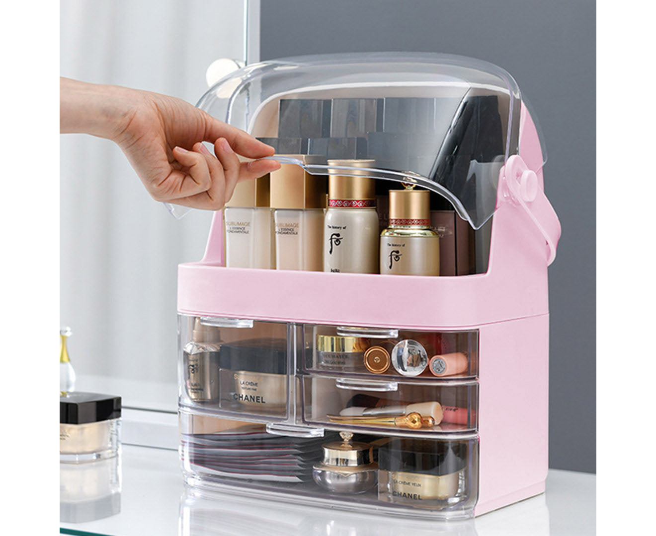 SOGA 2X 3 Tier Pink Countertop Makeup Cosmetic Storage Organiser Skincare Holder Jewelry Storage Box with Handle LUZ-BathC104X2