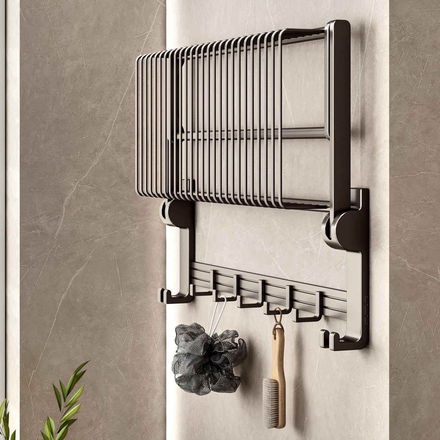 SOGA 2X 61cm Gray Wall-Mounted Double Pole Towel Holder Bathroom Organiser Rail Hanger with Hooks LUZ-TAN1016X2