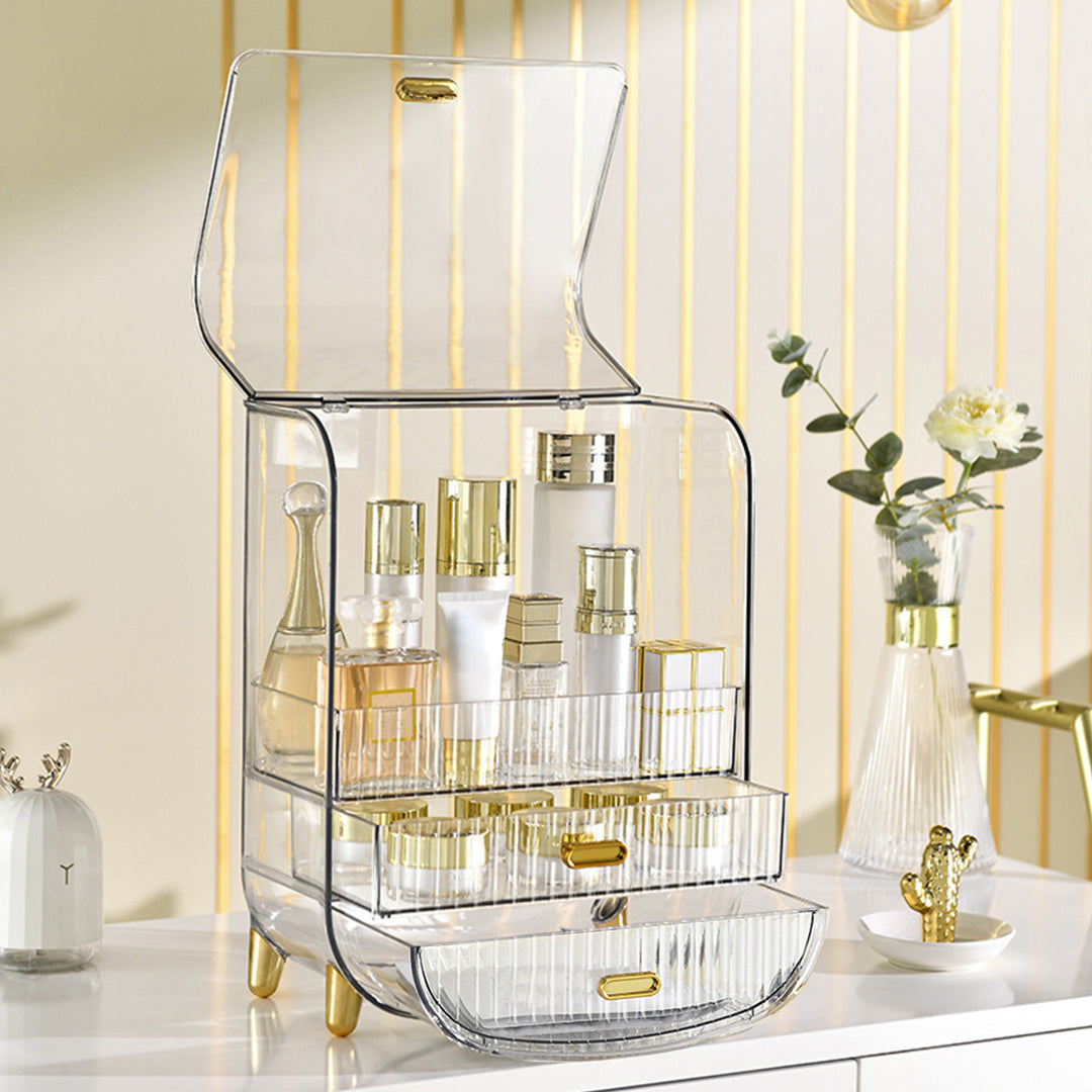 SOGA 2X 3 Tier Transparent Multifunctional Countertop Cosmetic Storage Makeup Perfume Skincare Display Stand Shelf Drawer Type Organiser • LUZ-BathC125X2