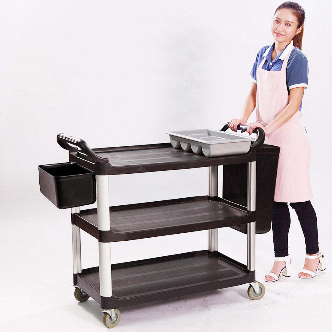 SOGA 3 Tier Food Trolley Food Waste Cart With Two Bins Storage Kitchen Black Large • LUZ-FoodCartRubbishWithWasteBinsL
