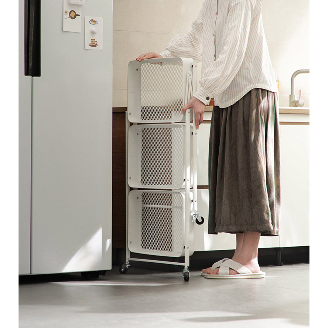 SOGA 3 Tier Steel White Foldable Kitchen Cart Multi-Functional Shelves Portable Storage Organizer with Wheels • LUZ-KitchenXY012