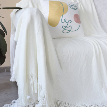 SOGA White Acrylic Knitted Throw Blanket Solid Fringed Warm Cozy Woven Cover Couch Bed Sofa Home Decor • LUZ-Blanket912