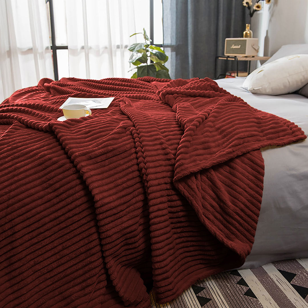 SOGA 2X Burgundy Throw Blanket Warm Cozy Striped Pattern Thin Flannel Coverlet Fleece Bed Sofa Comforter • LUZ-Blanket318X2