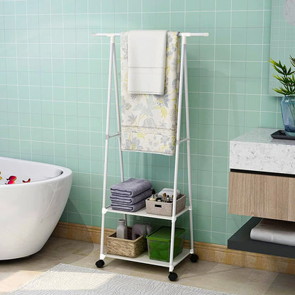 SOGA 2-in-1 Organiser Clothes Shoe Rack Space-Saving Triangular Storage with Wheels White • LUZ-Rack0013