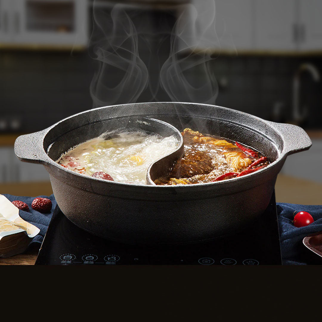 SOGA 2X 32CM Round Cast Iron Shabu Shabu Hotpot Beef Chicken Stew Wok Two-Flavor Division • LUZ-ZPai038AX2