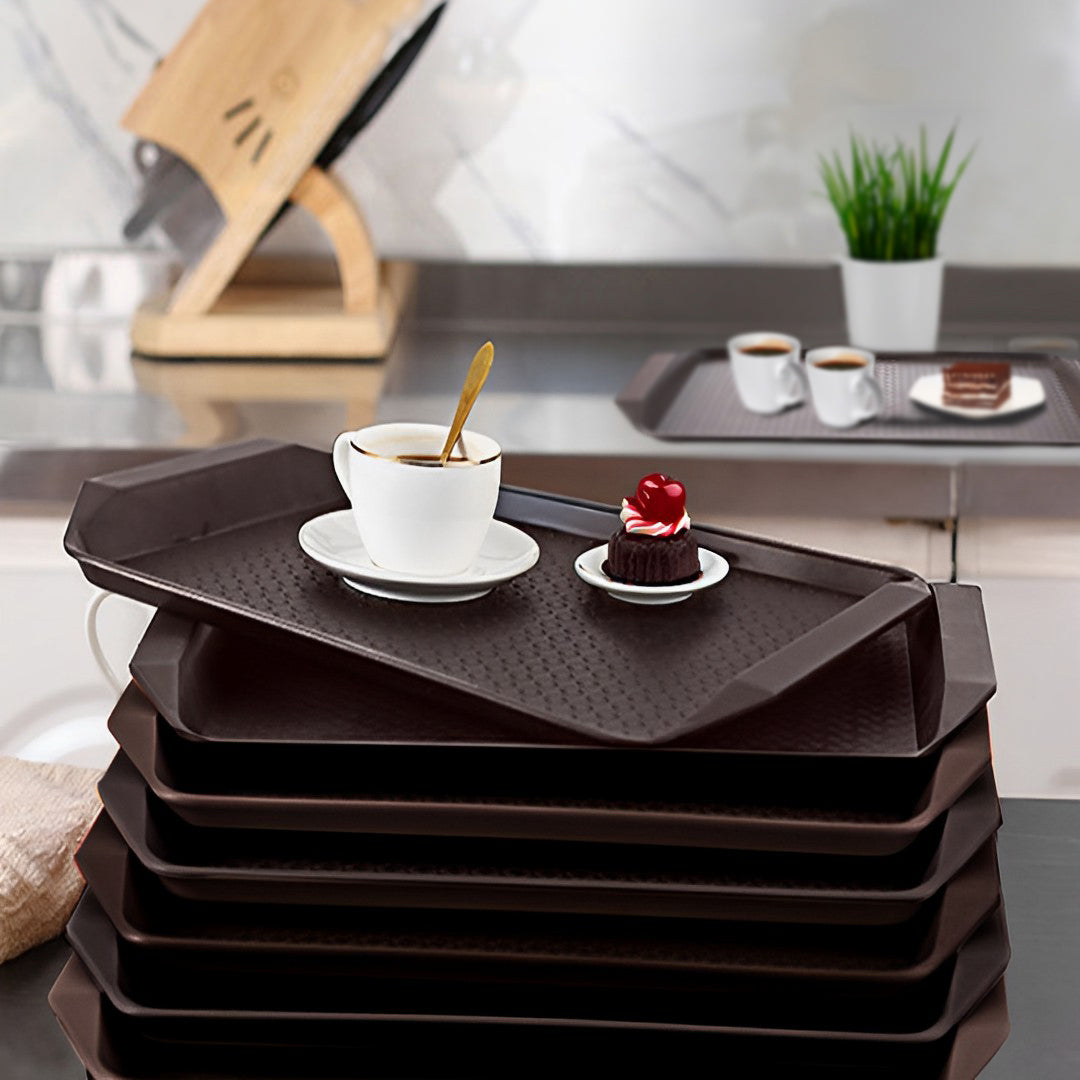 SOGA Rectangular Serving Tray Heavy Duty Waterproof Stackable Plastic Food Snack Pan Set of 5 Coffee • LUZ-PVPlateCoffeeX5