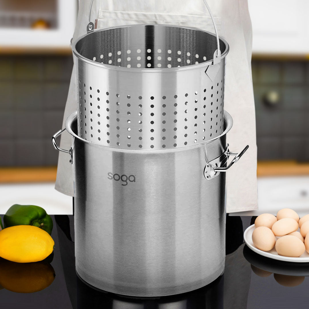 SOGA 21L 18/10 Stainless Steel Stockpot with Perforated Stock Pot Basket Pasta Strainer • LUZ-StockPot30CMwPastaInsert3901