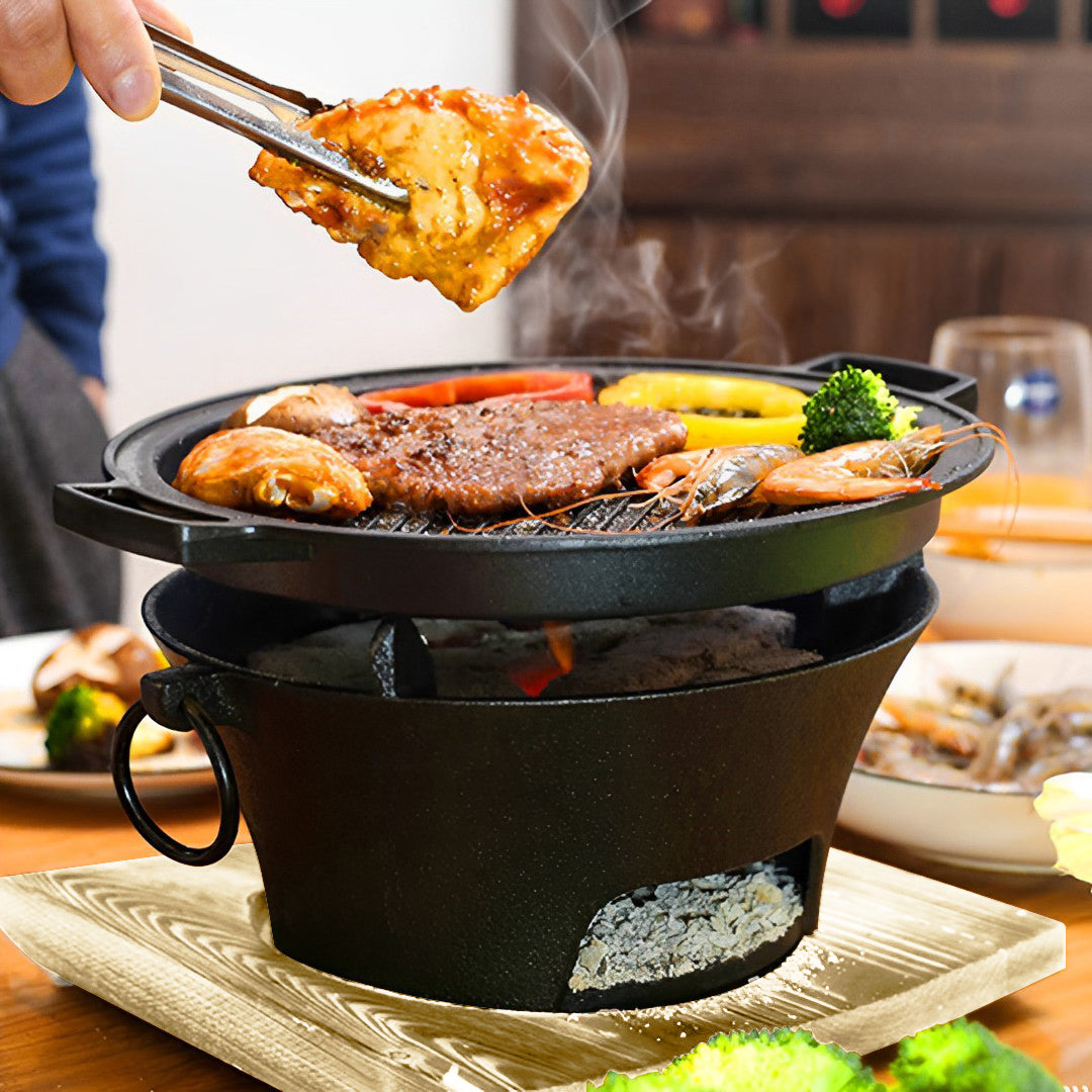 SOGA Large Cast Iron Round Stove Charcoal Table Net Grill Japanese Style BBQ Picnic Camping with Wooden Board • LUZ-Zpai056Lge