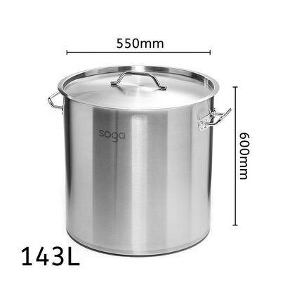 SOGA Stock Pot 143L Top Grade Thick Stainless Steel Stockpot 18/10 • LUZ-SOGAStockPot55X60CM143L