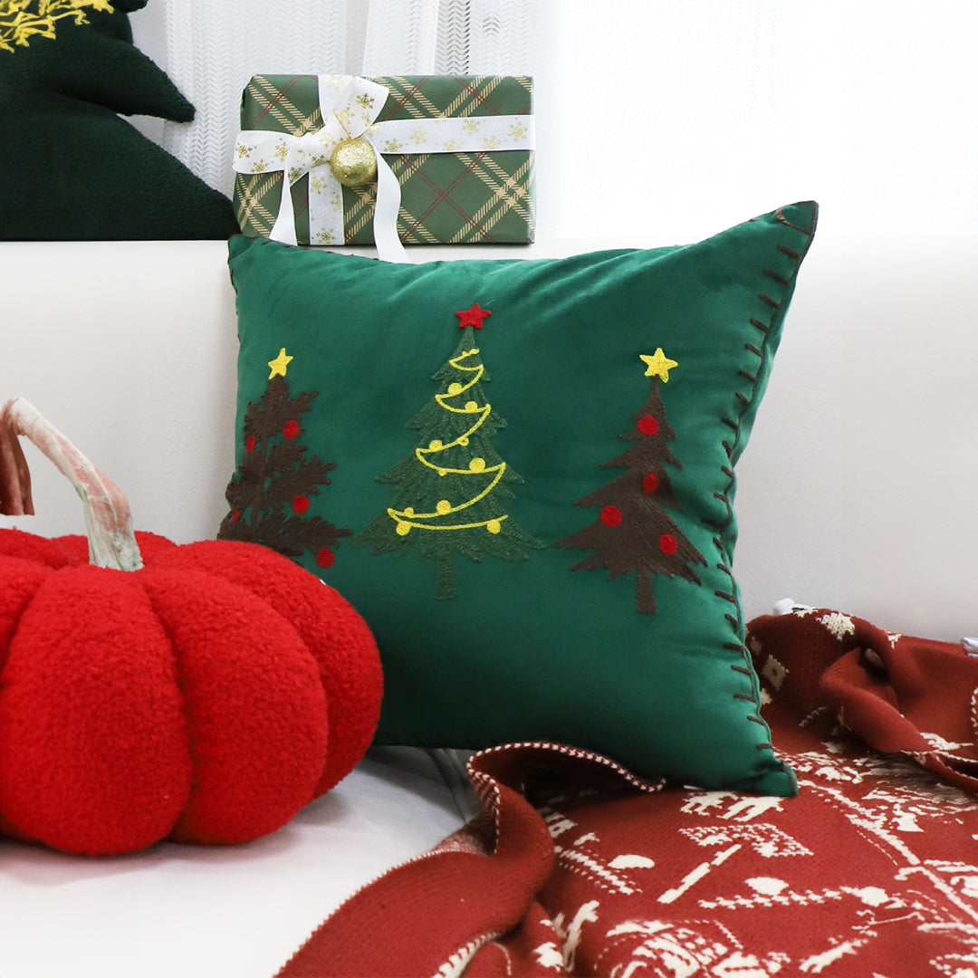 SOGA 45cm Throw Pillow Green Three Embroidered Christmas Trees for Festive Holiday Square Cushion Home Decor • LUZ-FrenchCushion271