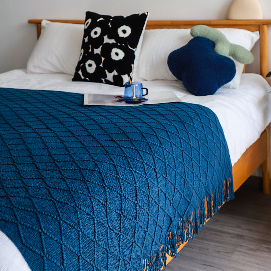 SOGA 2X Royal Blue Diamond Pattern Knitted Throw Blanket Warm Cozy Woven Cover Couch Bed Sofa Home Decor with Tassels • LUZ-Blanket902X2