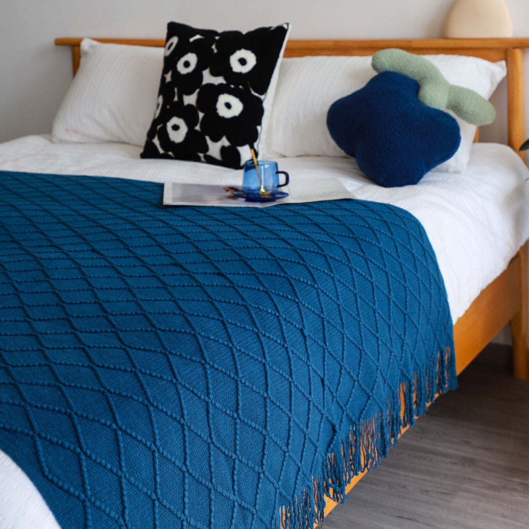 SOGA Royal Blue Diamond Pattern Knitted Throw Blanket Warm Cozy Woven Cover Couch Bed Sofa Home Decor with Tassels • LUZ-Blanket902