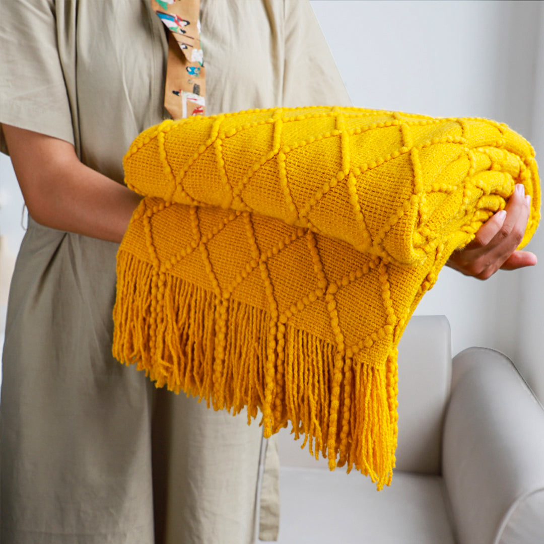 SOGA Yellow Diamond Pattern Knitted Throw Blanket Warm Cozy Woven Cover Couch Bed Sofa Home Decor with Tassels • LUZ-Blanket901