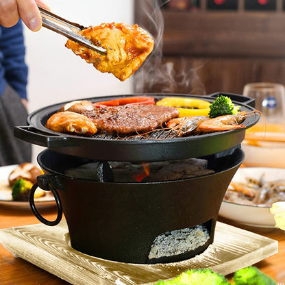 SOGA 2X Large Cast Iron Round Stove Charcoal Table Net Grill Japanese Style BBQ Picnic Camping with Wooden Board • LUZ-Zpai056LgeX2