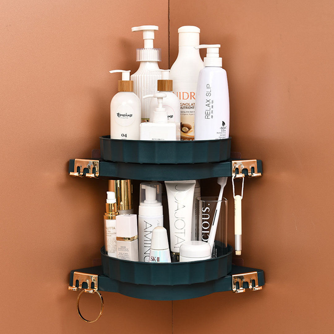 SOGA 2X Green 360 Degree Wall-Mounted Rotating Bathroom Organiser Corner Vanity Rack Toilet Adhesive Storage Shelf • LUZ-BathA005X2