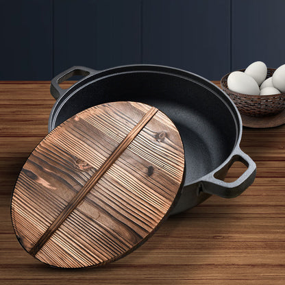 SOGA 29cm Round Cast Iron Pre-seasoned Deep Baking Pizza Frying Pan Skillet with Wooden Lid • LUZ-ZPaiC1