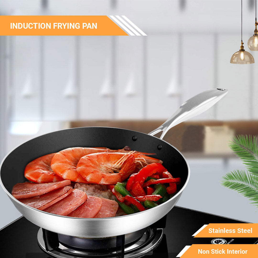 SOGA Stainless Steel Fry Pan 24cm Frying Pan Induction FryPan Non Stick Interior LUZ-FryPanNS2870A24CM