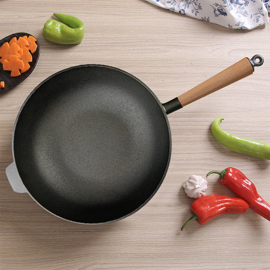 SOGA 2X 31cm Commercial Cast Iron Wok Round Bottom FryPan Home Cooking Skillet • LUZ-ZPai012NoLidX2
