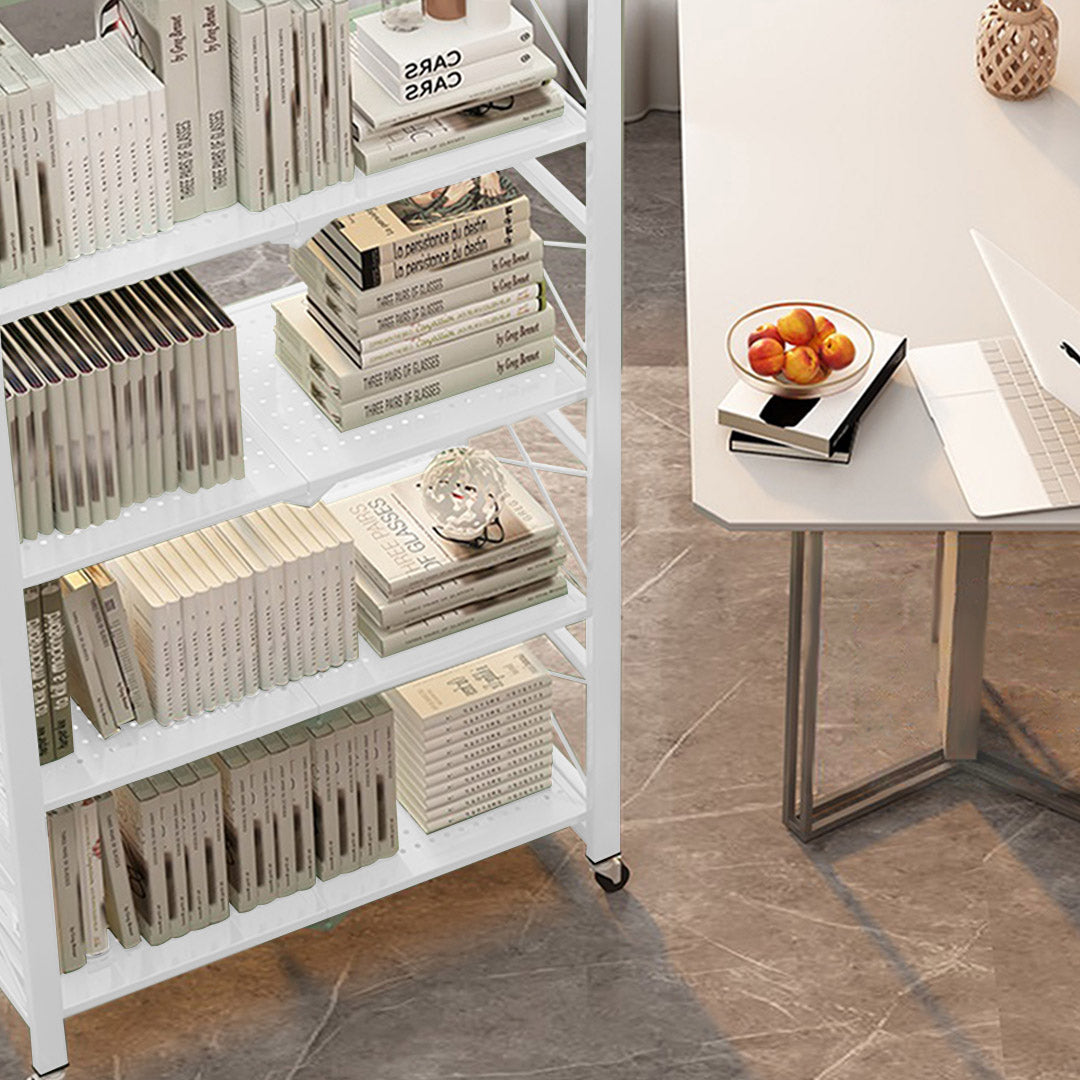 SOGA 4 Tier Steel White Foldable Display Stand Multi-Functional Shelves Portable Storage Organizer with Wheels • LUZ-KitchenXY029