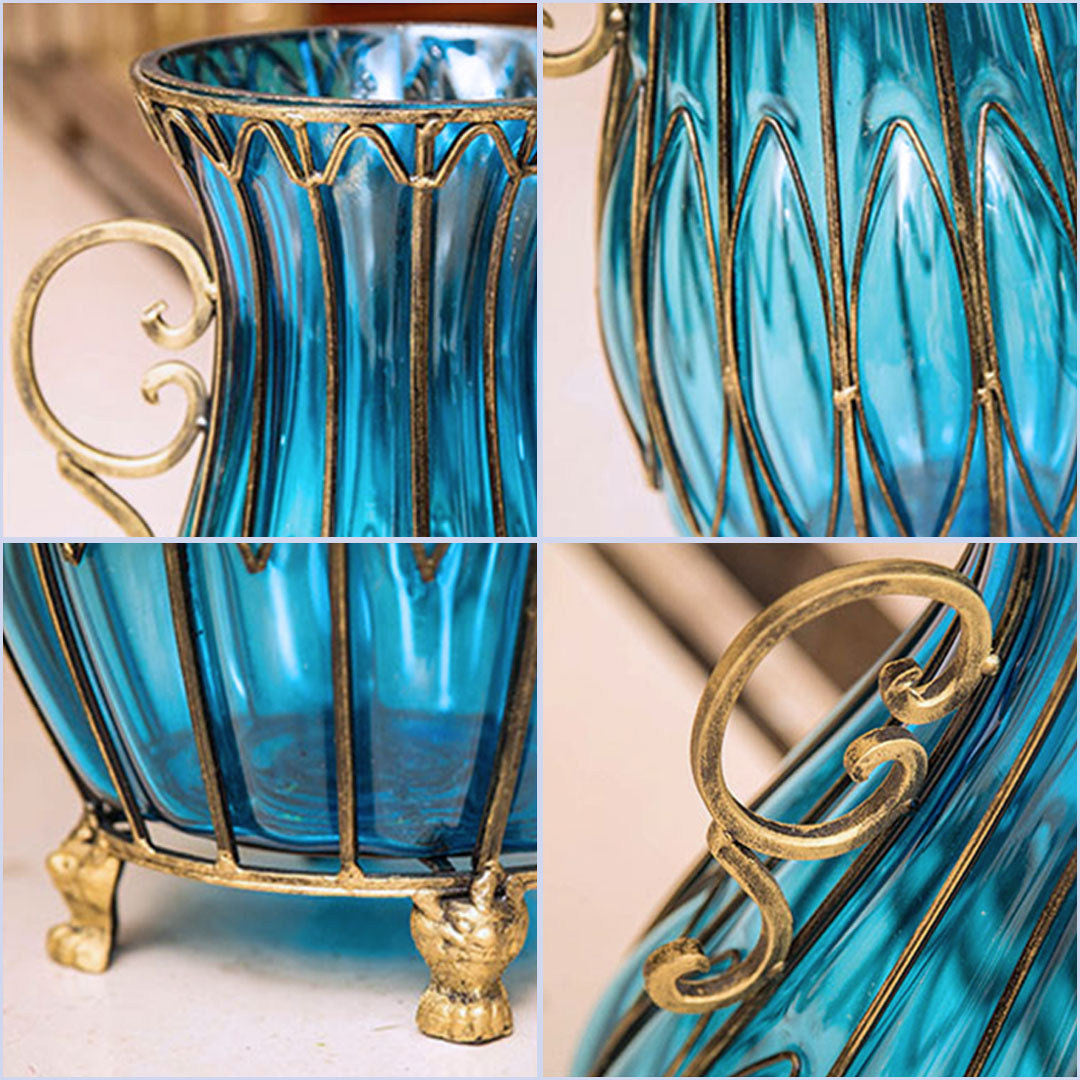 SOGA 51cm Blue Glass Tall Floor Vase with 12pcs Artificial Fake Flower Set • LUZ-Vase4880BluewRedF12