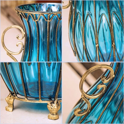 SOGA 51cm Blue Glass Tall Floor Vase with 12pcs Artificial Fake Flower Set • LUZ-Vase4880BluewRedF12