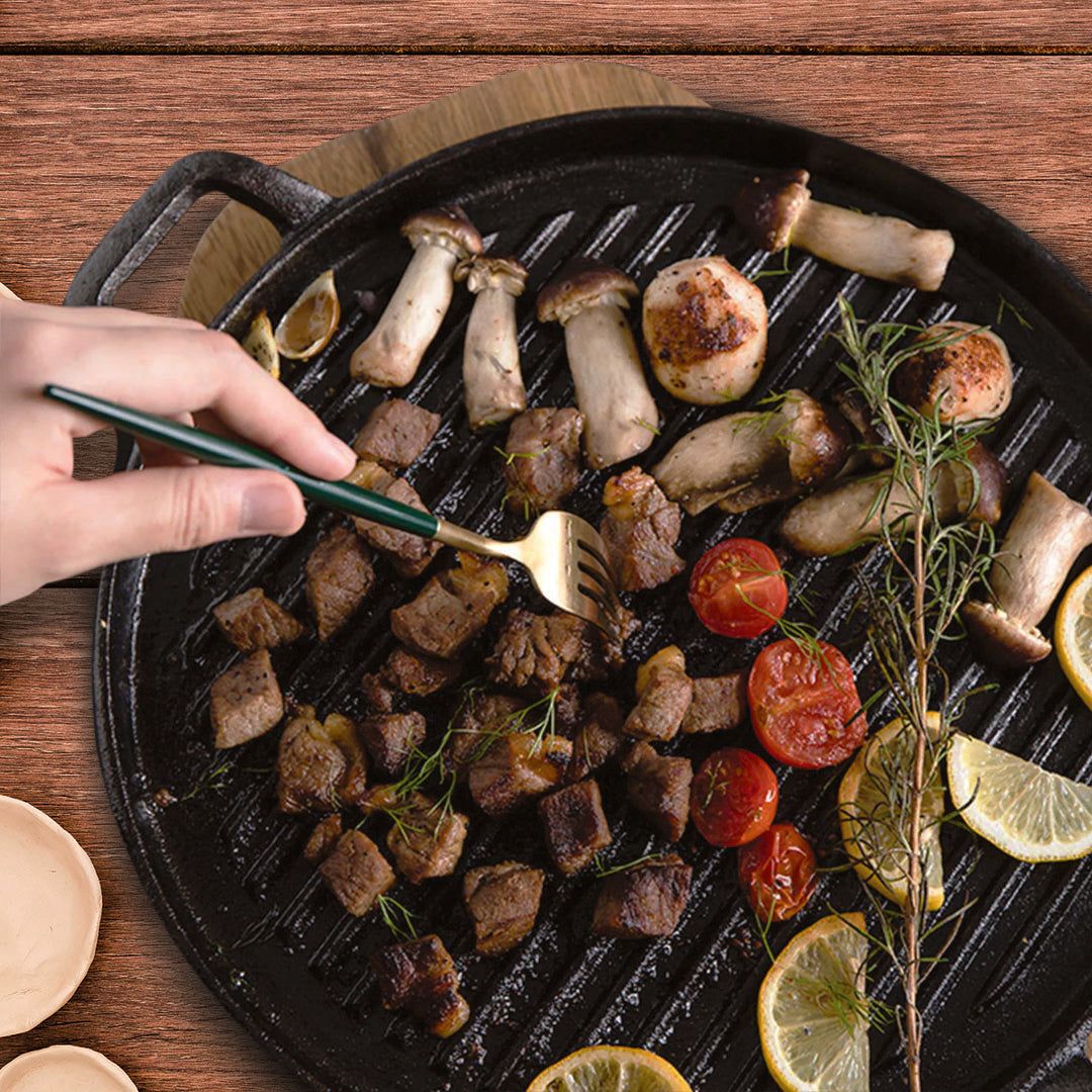 SOGA 2X 28cm Ribbed Cast Iron Frying Pan Skillet Coating Steak Sizzle Platter • LUZ-ZPai024BX2