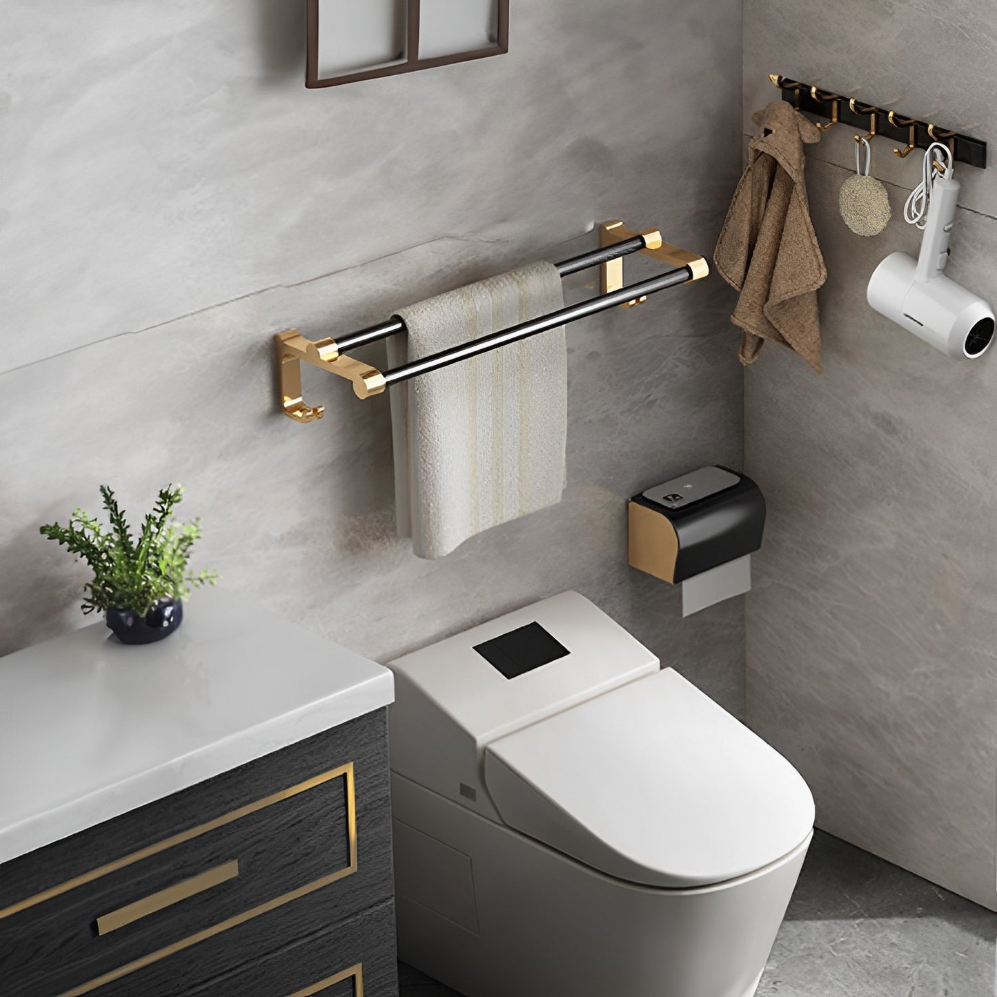 SOGA 61cm Wall-Mounted Double Pole Towel Holder Bathroom Organiser Rail Hanger with Hooks • LUZ-TAN1010