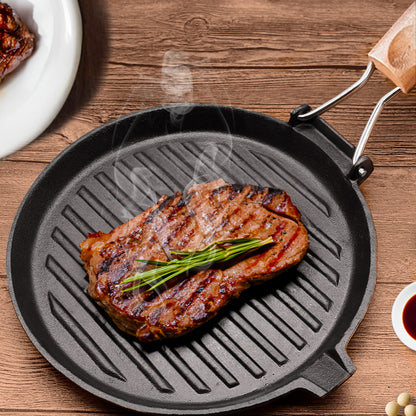 SOGA 2X 24cm Round Ribbed Cast Iron Steak Frying Grill Skillet Pan with Folding Wooden Handle • LUZ-ZPai026X2