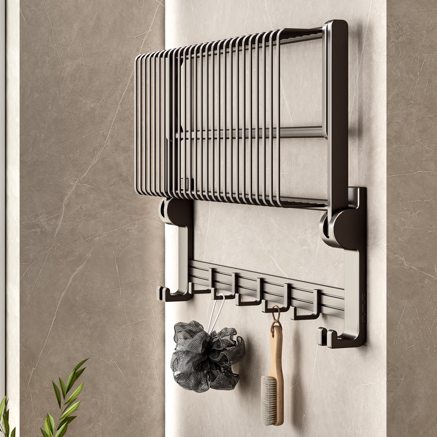 SOGA 50cm Wall-Mounted Double Pole Towel Holder Bathroom Organiser Rail Hanger with Hooks • LUZ-TAN1015